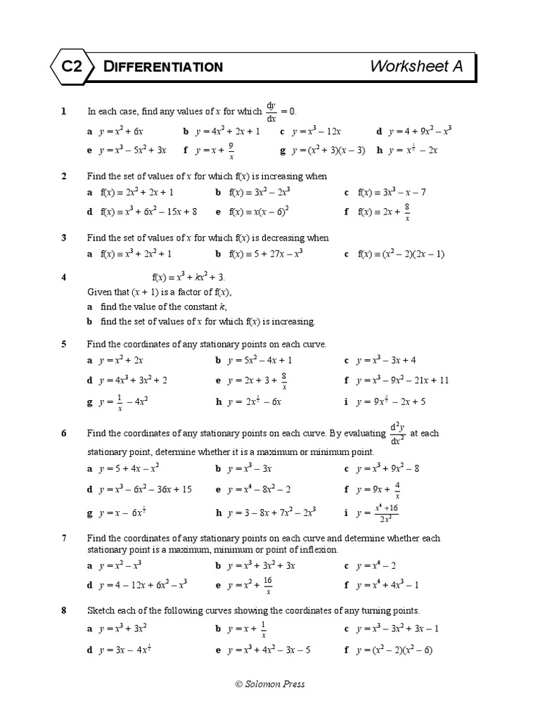 C2 Differentiation Worksheet A | PDF | Volume | Equations