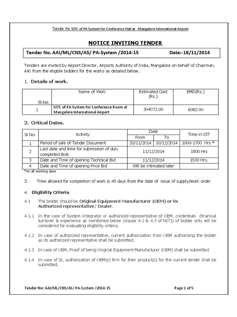 Notice Inviting Tender Tender No. AAI/ML/CNS/AS/ PA-System /2014-15 ...