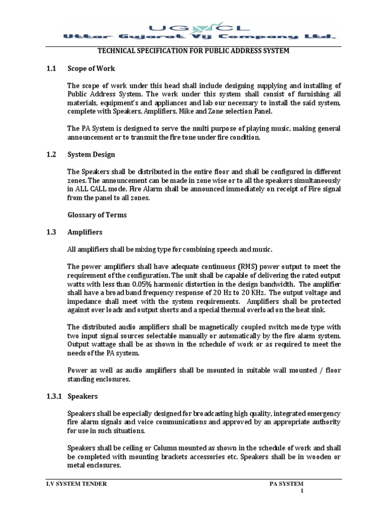 Public Address System Specifications | PDF | Amplifier | Loudspeaker