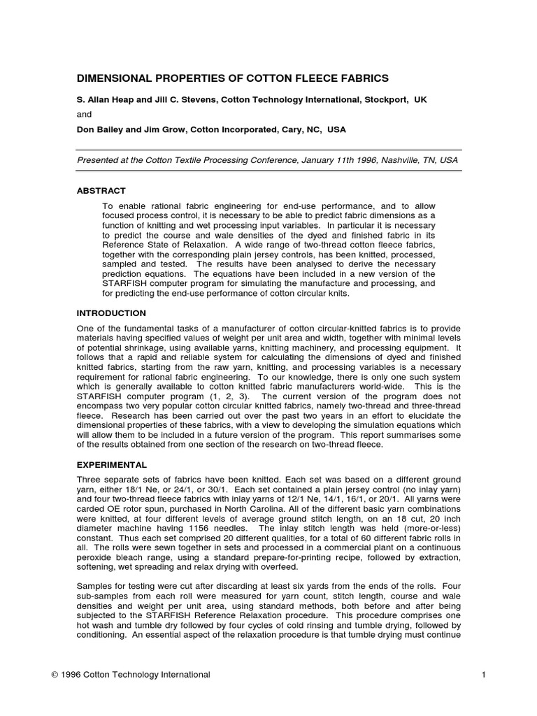 Dimensional Properties of Fleece Fabric PDF Knitting Yarn