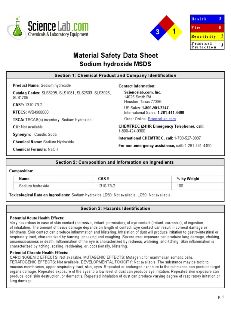 Sodium Hydroxide MSDS: Section 1: Chemical Product and Company ...