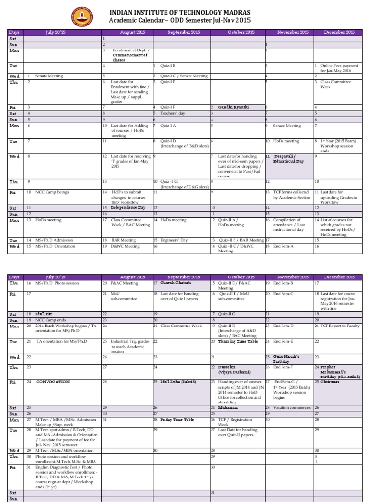 IIT Madras Academic Calender PDF Academic Term Vocational Education