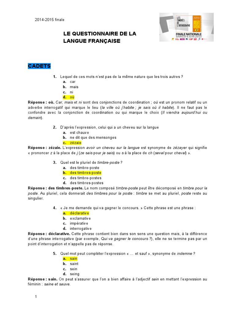 Questionnaire de langue française 2014-2015 | PDF | Phrase | Nombre ...