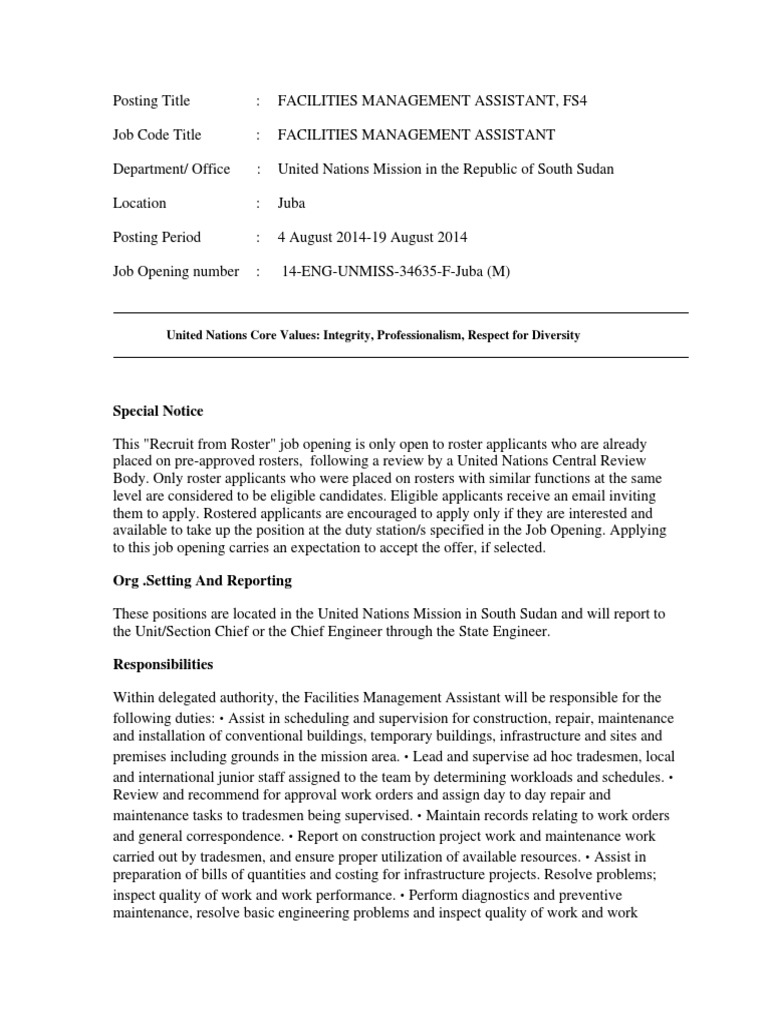 Facilities Assistant Role in Juba | PDF | United Nations ...