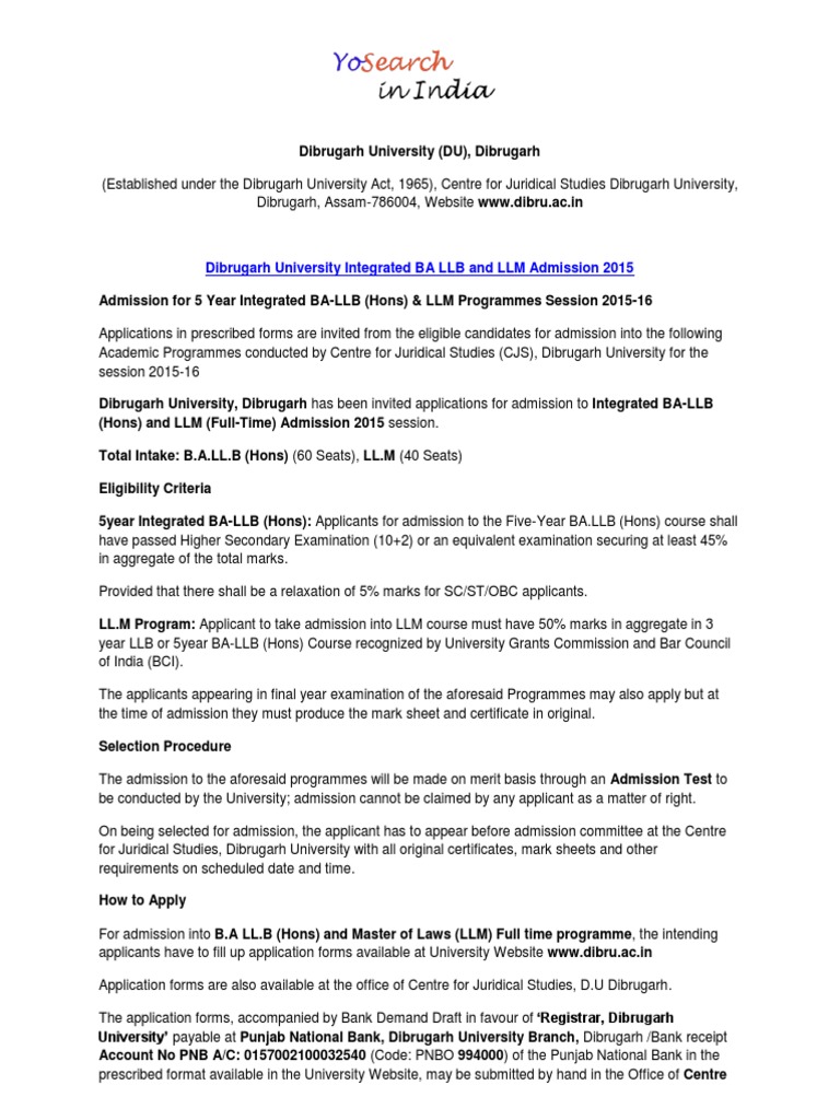 Dibrugarh University BA-LLB and LLM Admission 2015 | PDF | University ...