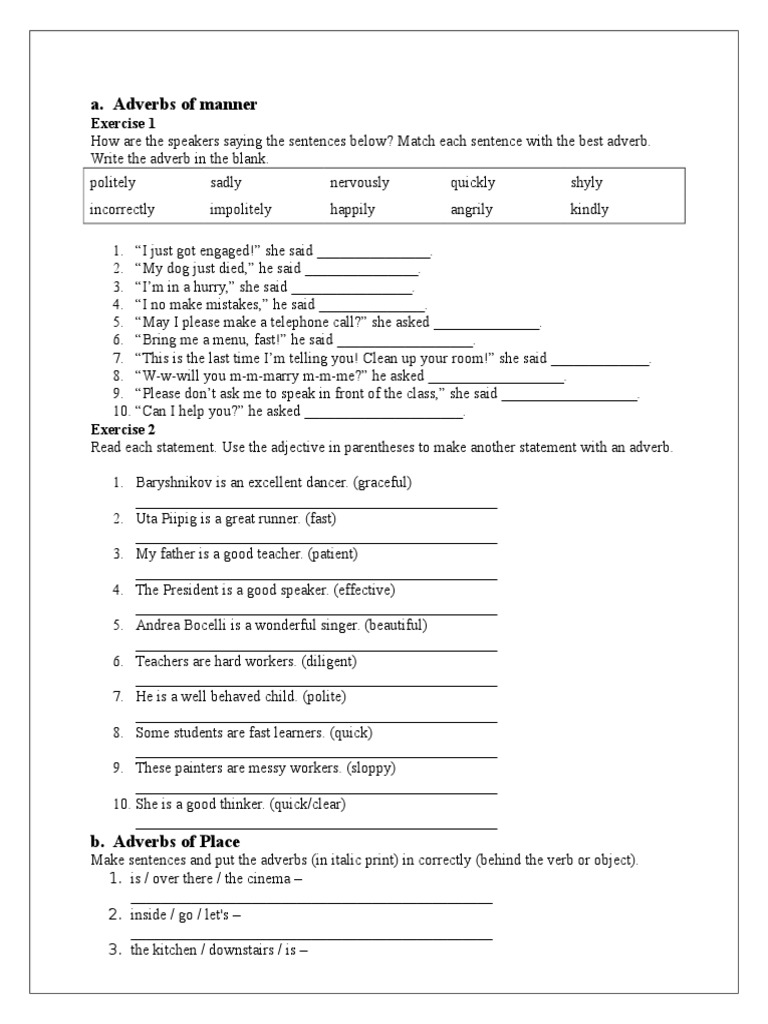 A. Adverbs of Manner: Exercise 1 | PDF | Adverb