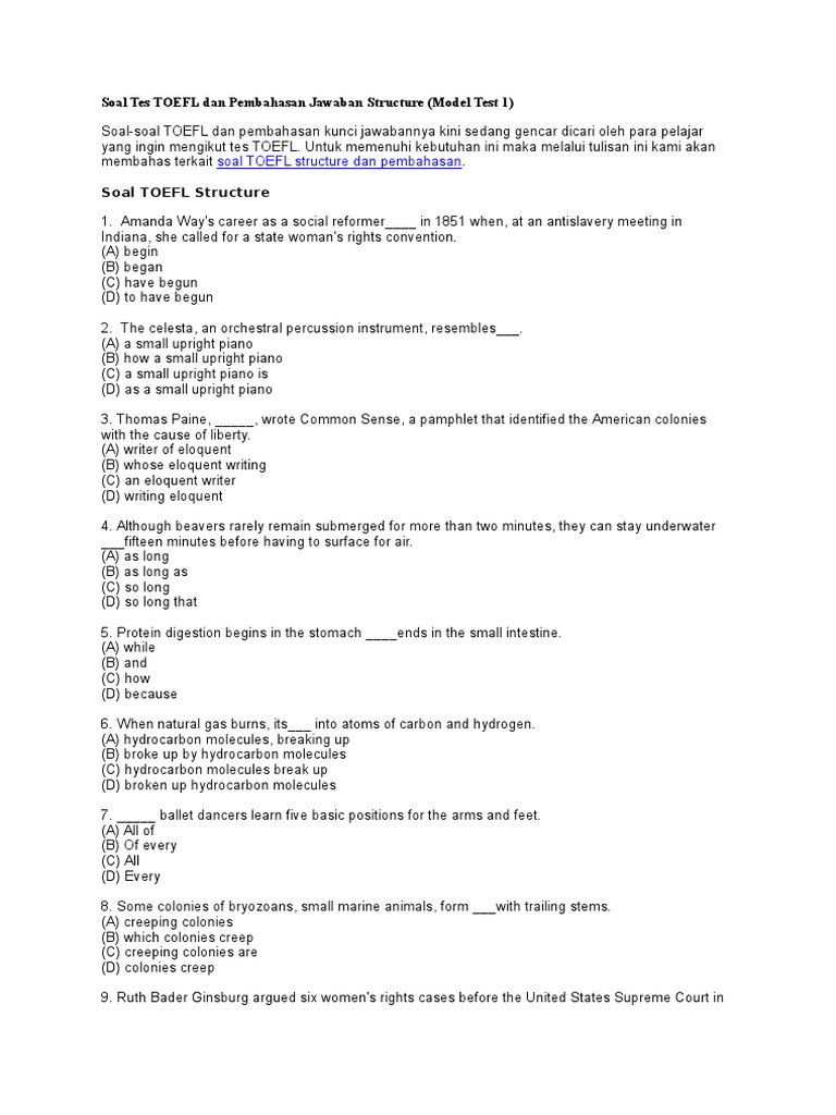 Download Soal Tes Toefl Structure Dengan Penjelasan