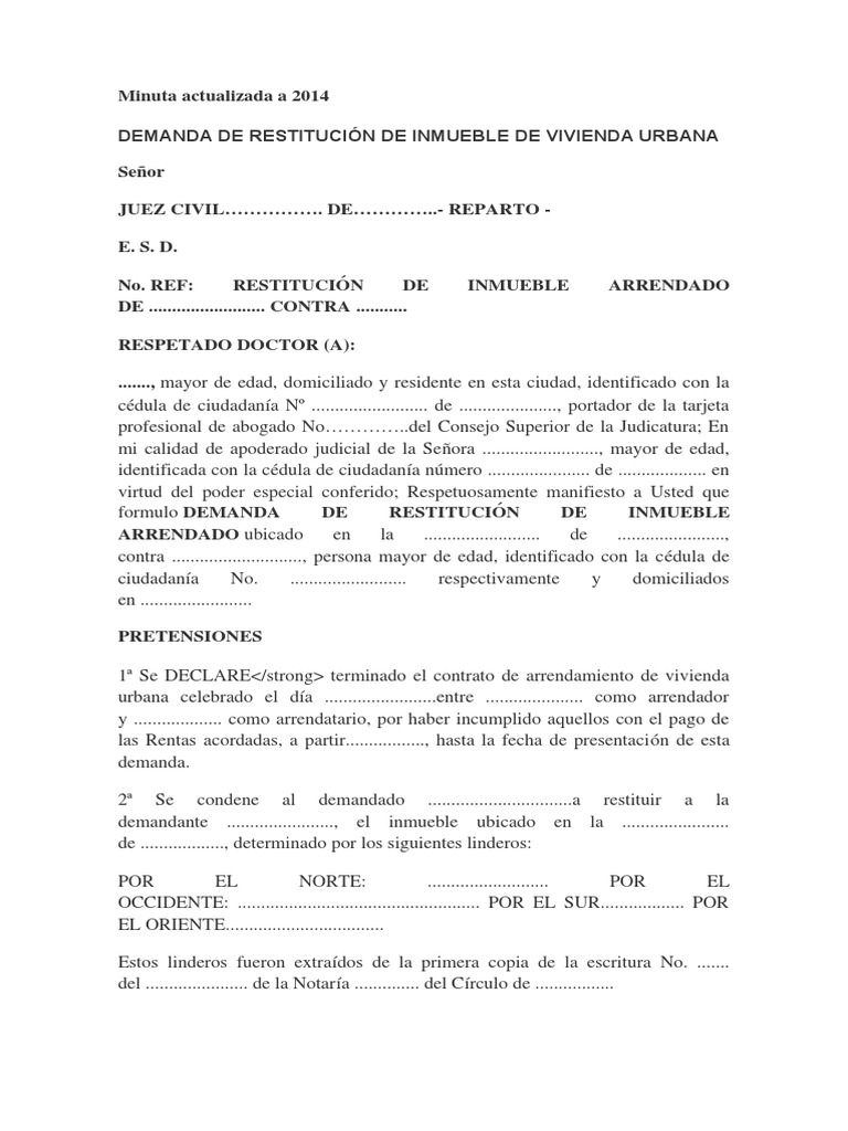 Demanda de Restitución de Inmueble Arrendado | PDF | Demanda judicial ...