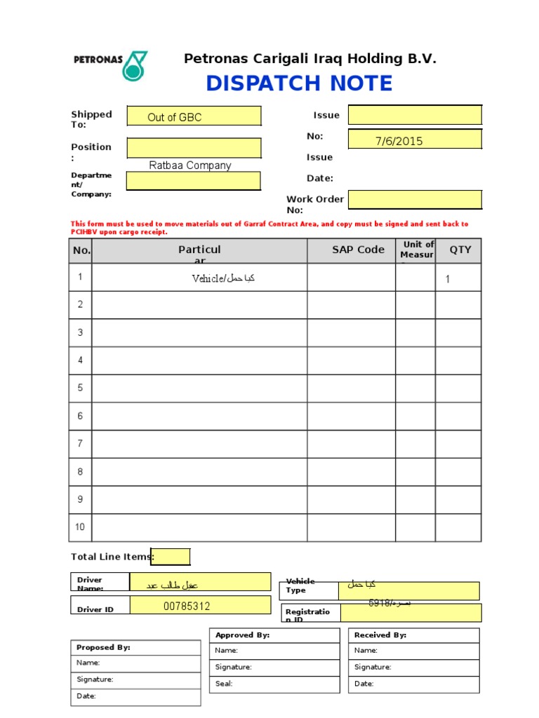 Petronas Dispatch Note Template | PDF | Finance & Money Management ...