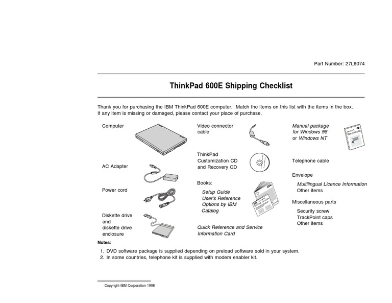 Thinkpad 600E Shipping Checklist: Manual Package For Windows 98 Windows ...