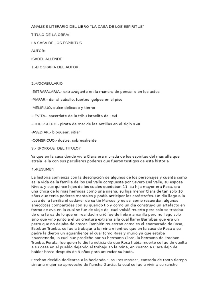 Analisis Literario Del Libro La Casa de Los Espiritus | PDF | Historia ...