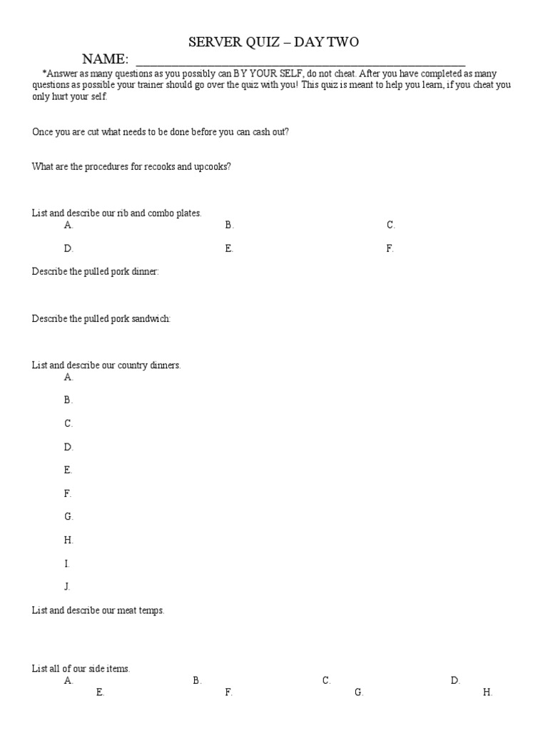 Server Quiz: Menu Knowledge Test | PDF | Cooking, Food & Wine