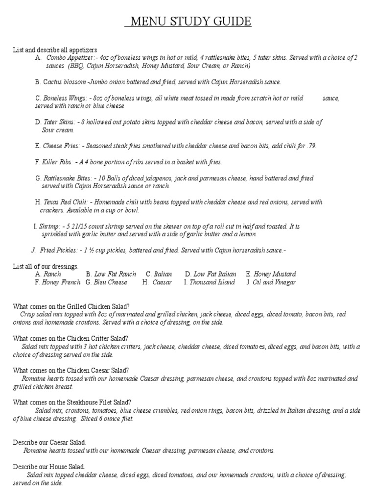 Server Menu Test Answer Key PDF Hamburgers French Fries