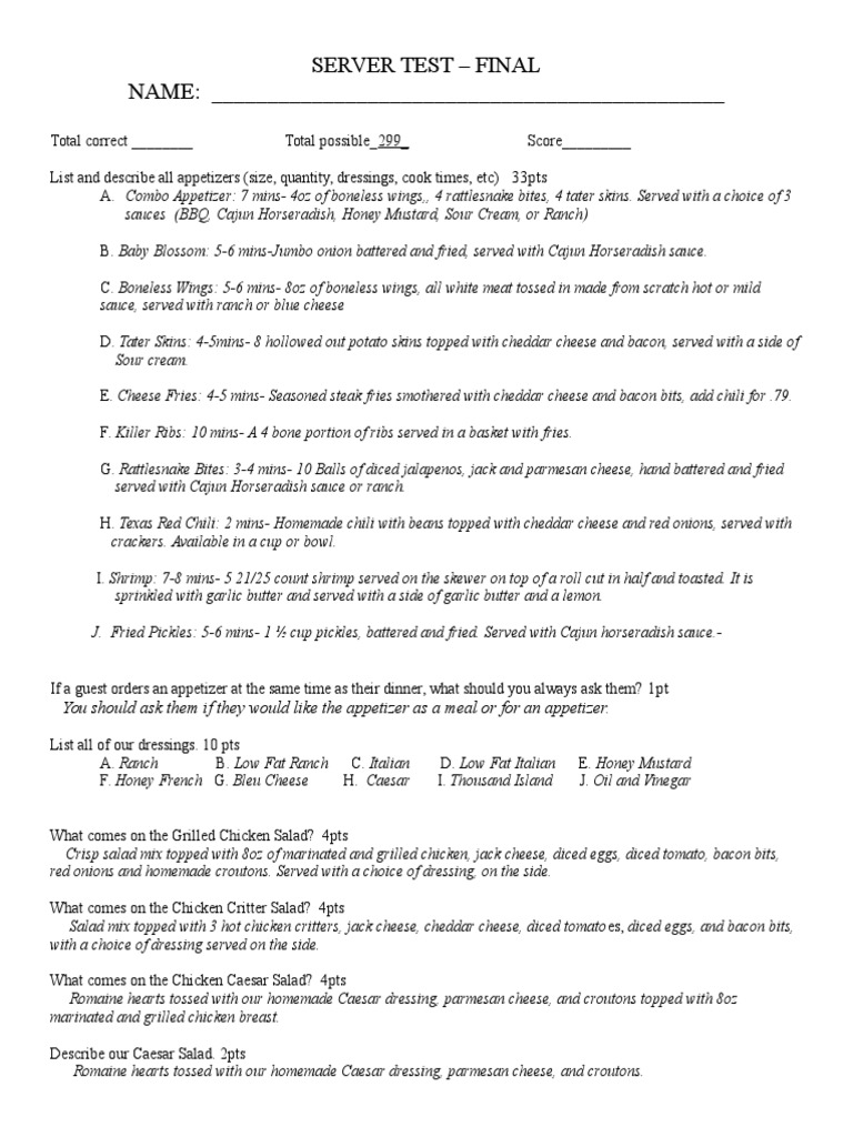 Texas Roadhouse Server Menu Test | PDF | Salad | Hamburgers