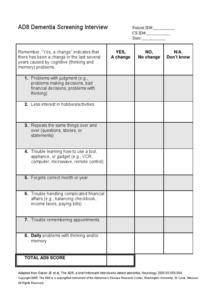 AD8 PDF Dementia Neuropsychological Assessment