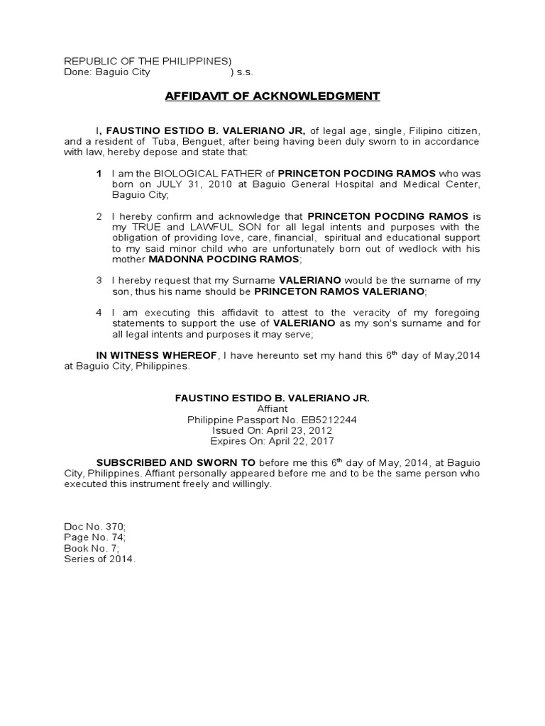 Affidavit of Acknowledgment of Paternity | PDF