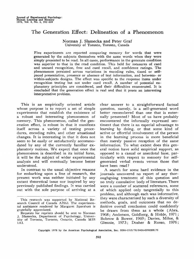 Generation Effect Slamecka & Graf (1978) - JEP-HLM | PDF | Recall ...