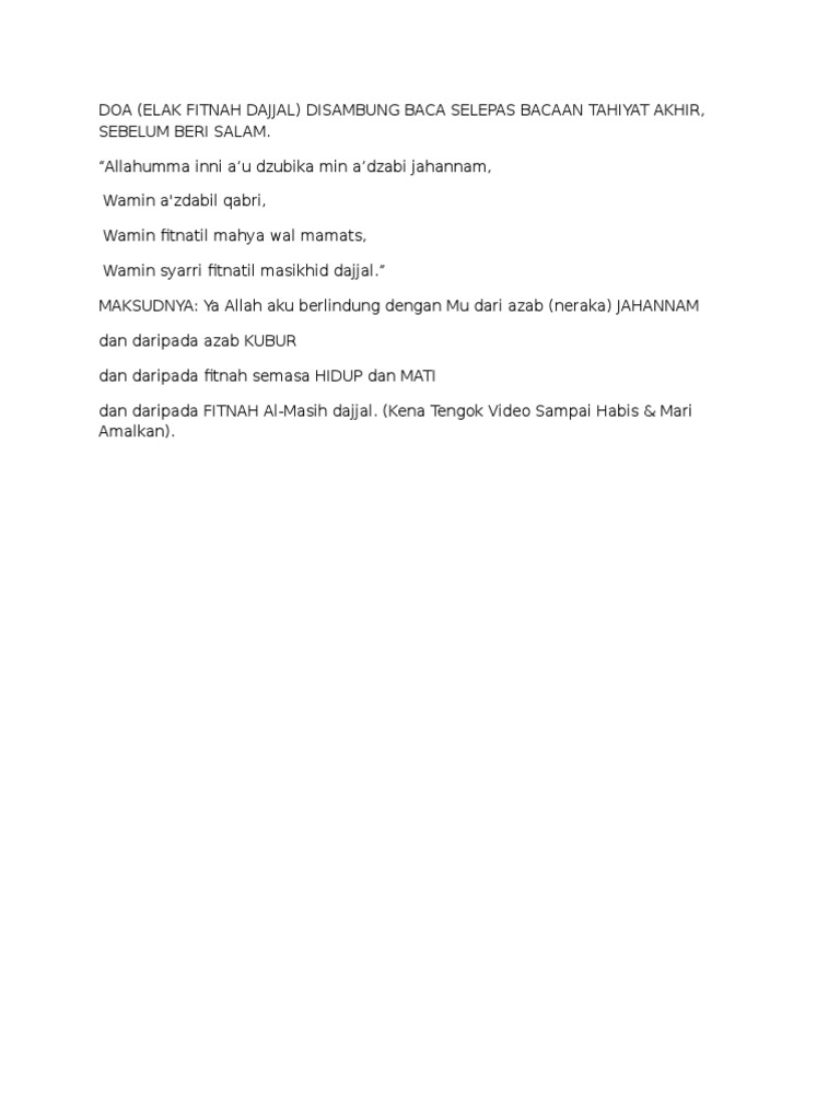 Doa Elak Fitnah Dajjal Disambung Baca Selepas Bacaan Tahiyat Akhir Sebelum Beri Salam Pdf