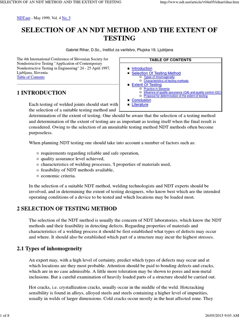 Selection of An NDT Method and The Extent of Testing | PDF ...