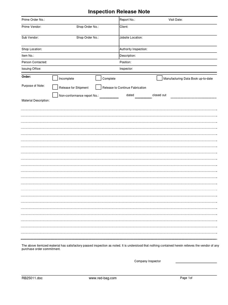 Inspection Release Note for Shipment | PDF