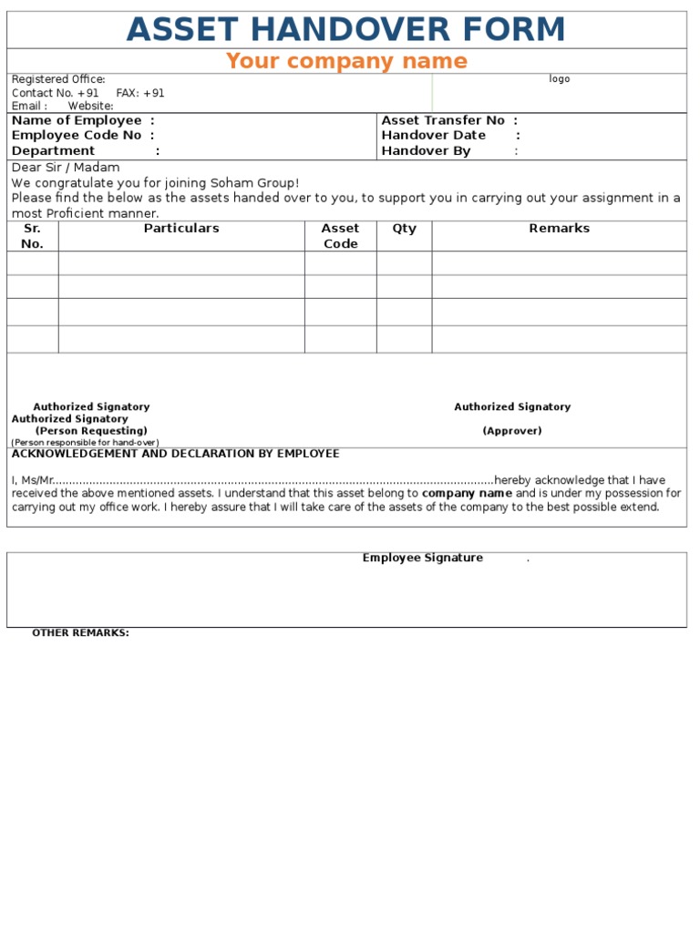 COMPANY Asset Handover Form