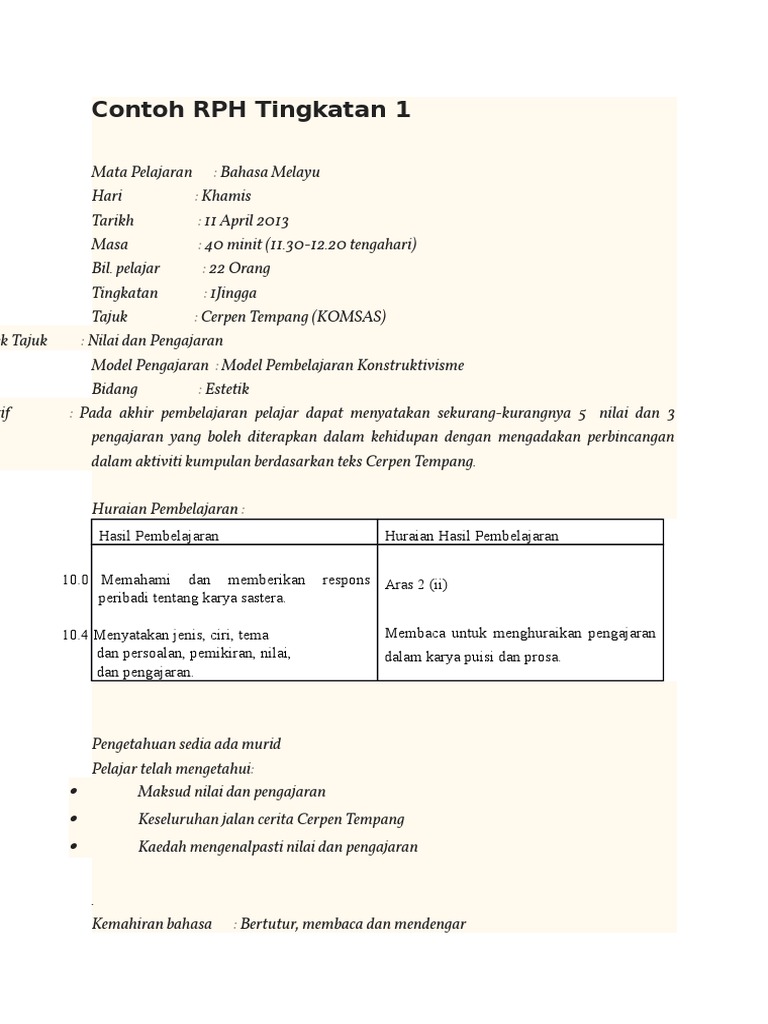 Contoh RPH Tingkatan 1 | PDF