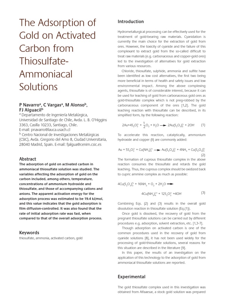 The Adsorption of Gold On Activated Carbon | PDF | Adsorption | Ammonia