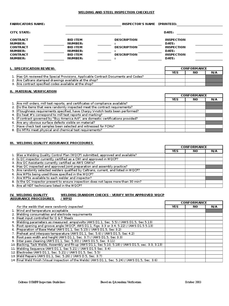 Steel Checklist Quality Assurance Welding