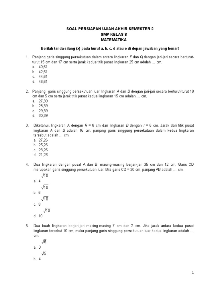 35+ Soal Matematika Smp Kelas 8 Semester 2 Dan Pembahasannya Pdf Gratis
