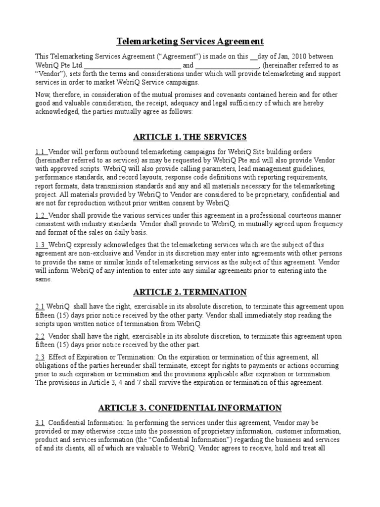 Telemarketing Services Agreement Template | PDF | Indemnity ...