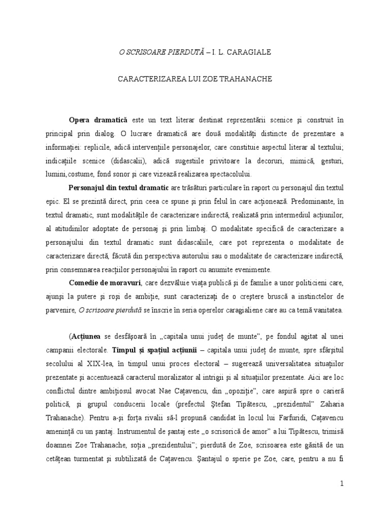 o Scrisoare Pierduta Zoe Caracterizare