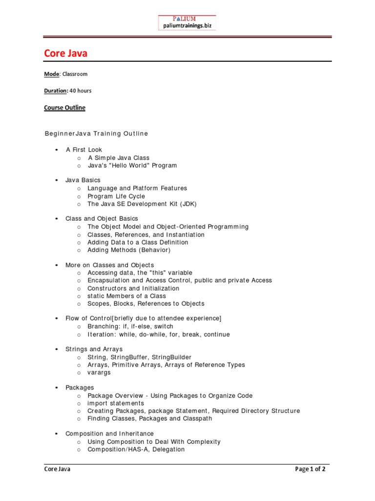 Core Java: Course Outline | Class (Computer Programming) | Object ...