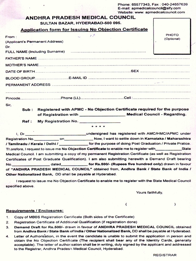 Ap Medical Council Application For No Objection Certificate Health Care Medical