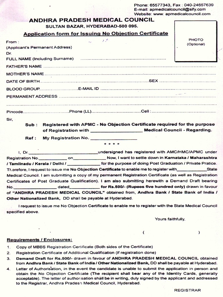 AP Medical Council Application For No Objection Certificate | Health