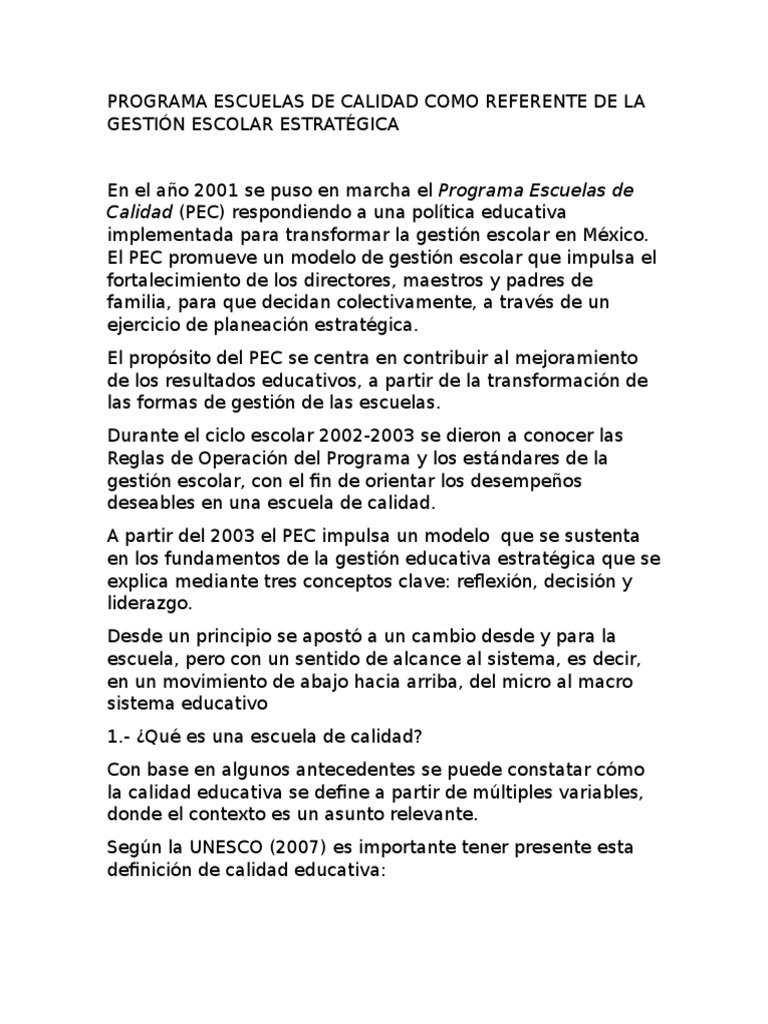Programa Escuelas de Calidad Como Referente de La Gestión Escolar ...