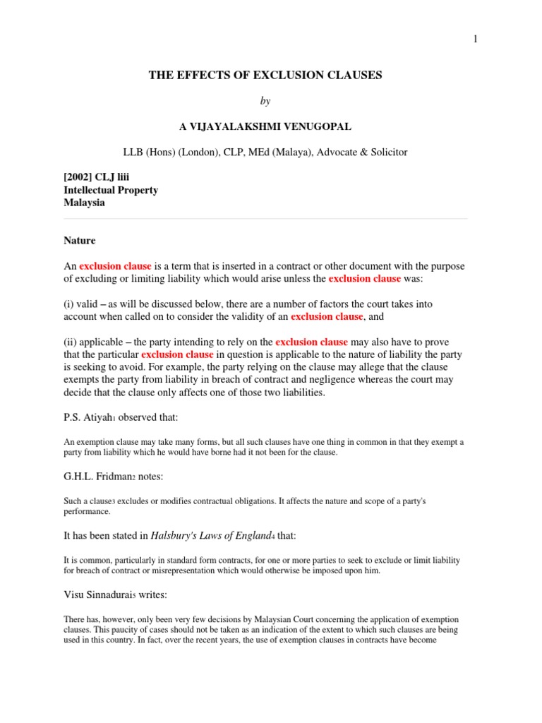 The Effects of Exclusion Clauses | PDF | Misrepresentation In English ...