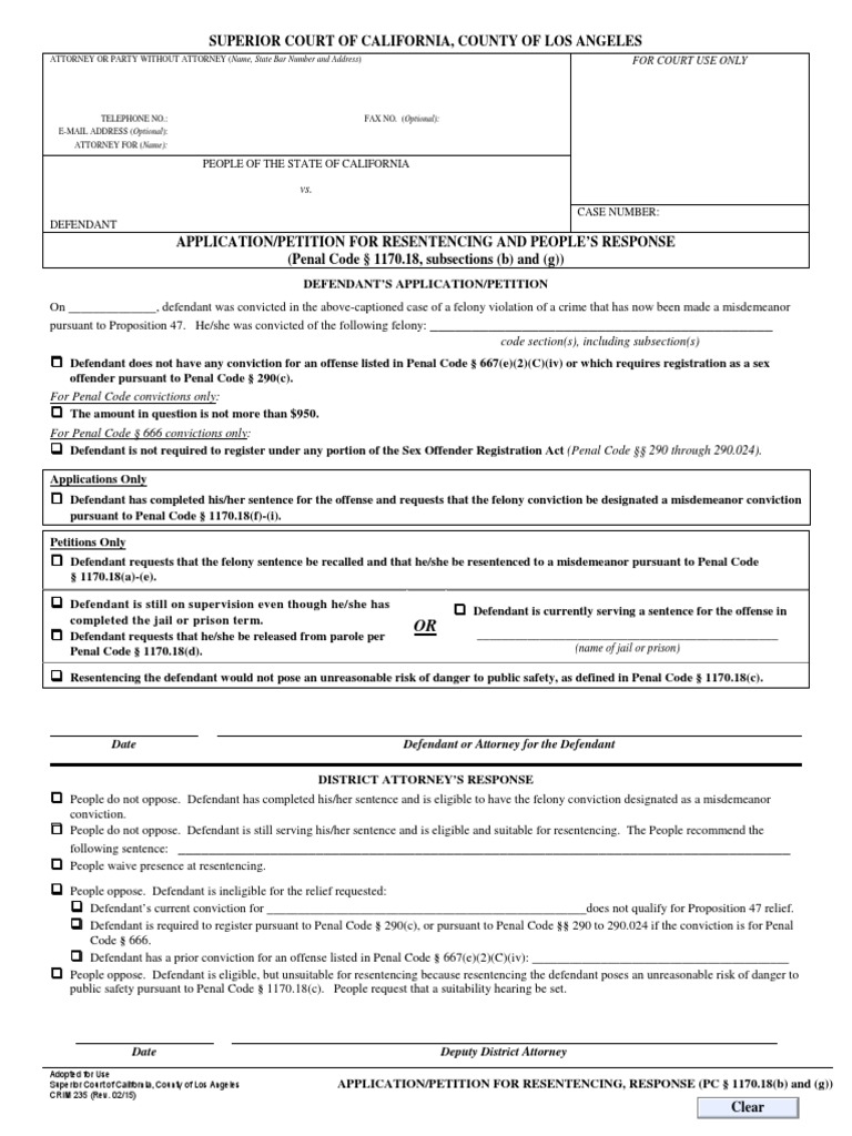California Resentencing Petition Form | PDF | Felony | Crime & Violence