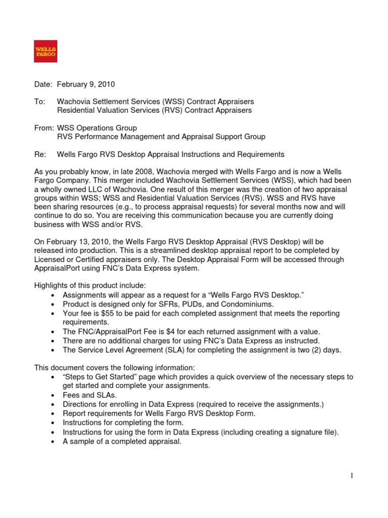 Wells Fargo RVS Desktop Appraisal Instructions and Requirements 09Feb10
