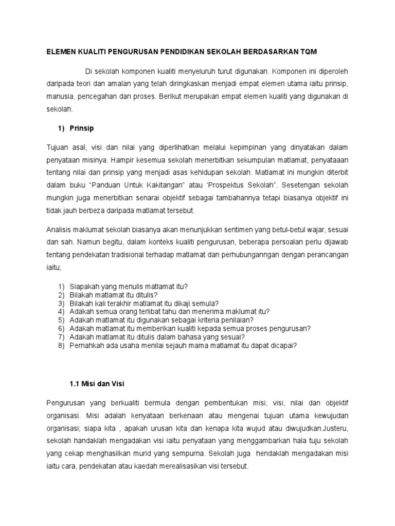 Elemen Kualiti Pengurusan Pendidikan Sekolah Berdasarkan Tqm Pdf