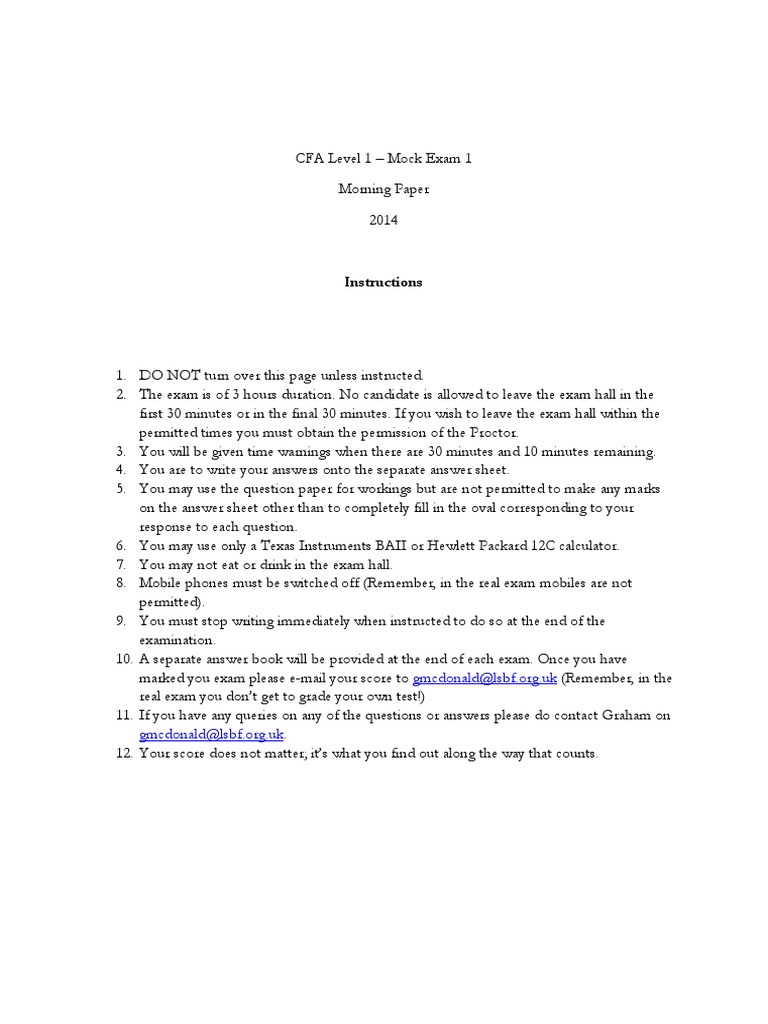 CFA Level 1 Mock Exam 1 Morning Paper | PDF | Stocks | Bonds (Finance)