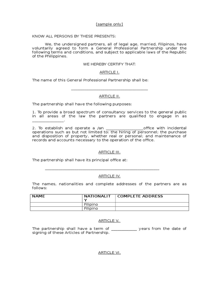 Articles of partnership examples picture