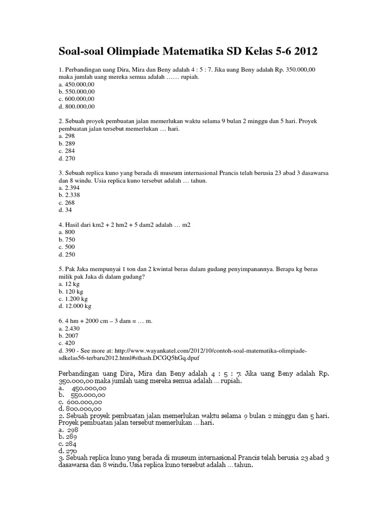 Soal Olimpiade Matematika Sd Penyisihan