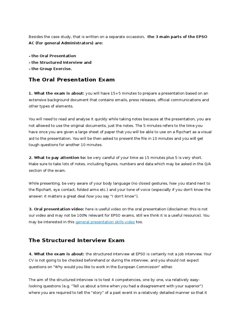 EPSO Oral Presentation Exam Guide | PDF