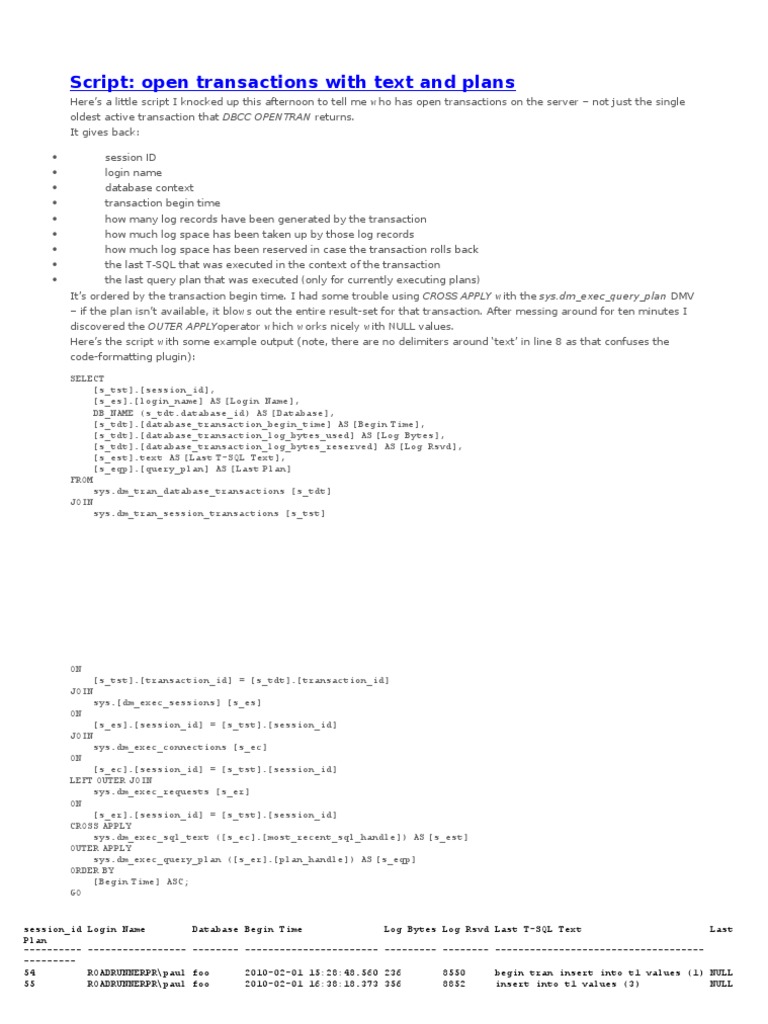 Open Transactions SQL Script Guide | PDF