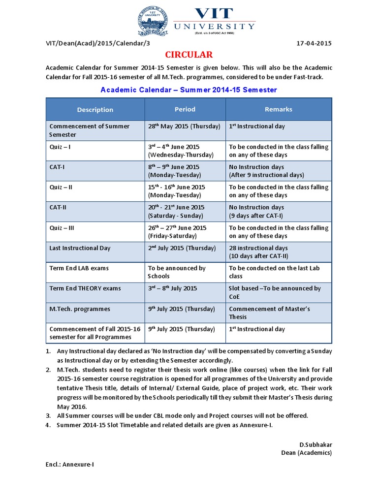 Circular On Academic Calendar For Summer 2014-15 Semester & MTech Fast ...