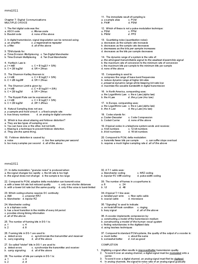 Digital Communications Multiple Choice Questions and Answers PDF