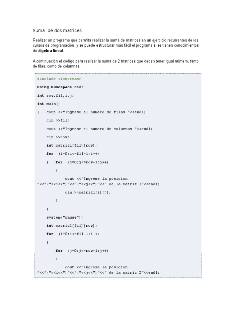 Suma de Matrices en C++ | PDF | C ++ | Matriz (Matemáticas)