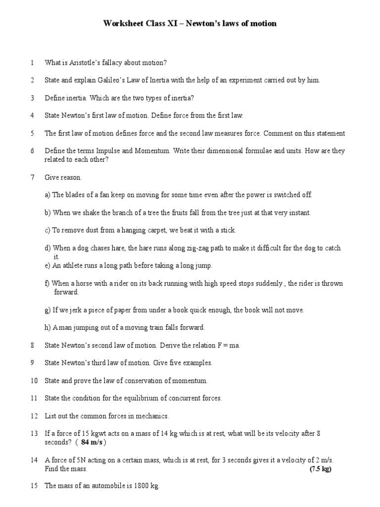 Worksheet Class XI Laws of Motion | Newton's Laws Of Motion