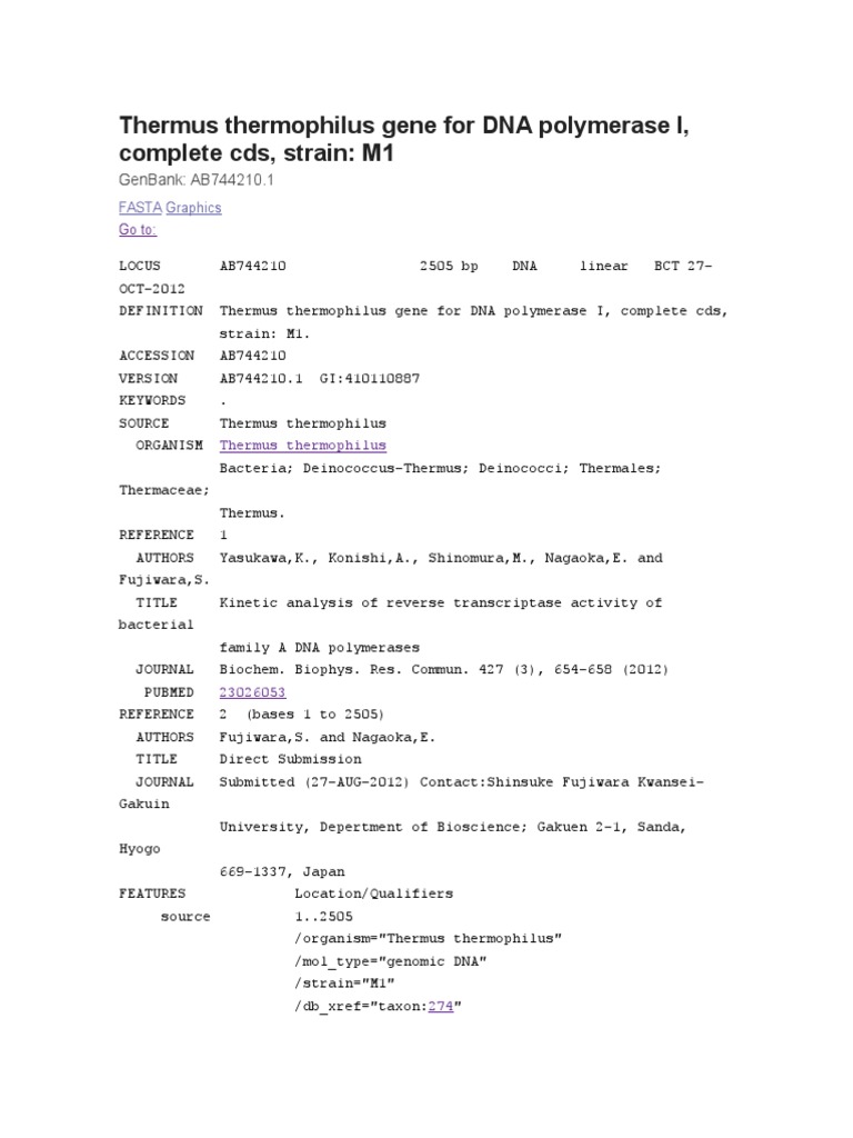 Thermus Thermophilus Gene For DNA Polymerase I | PDF | Molecular ...