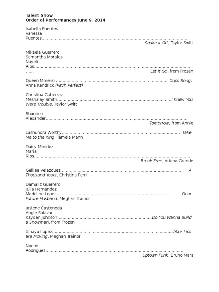 Talent Show Performance Lineup | PDF